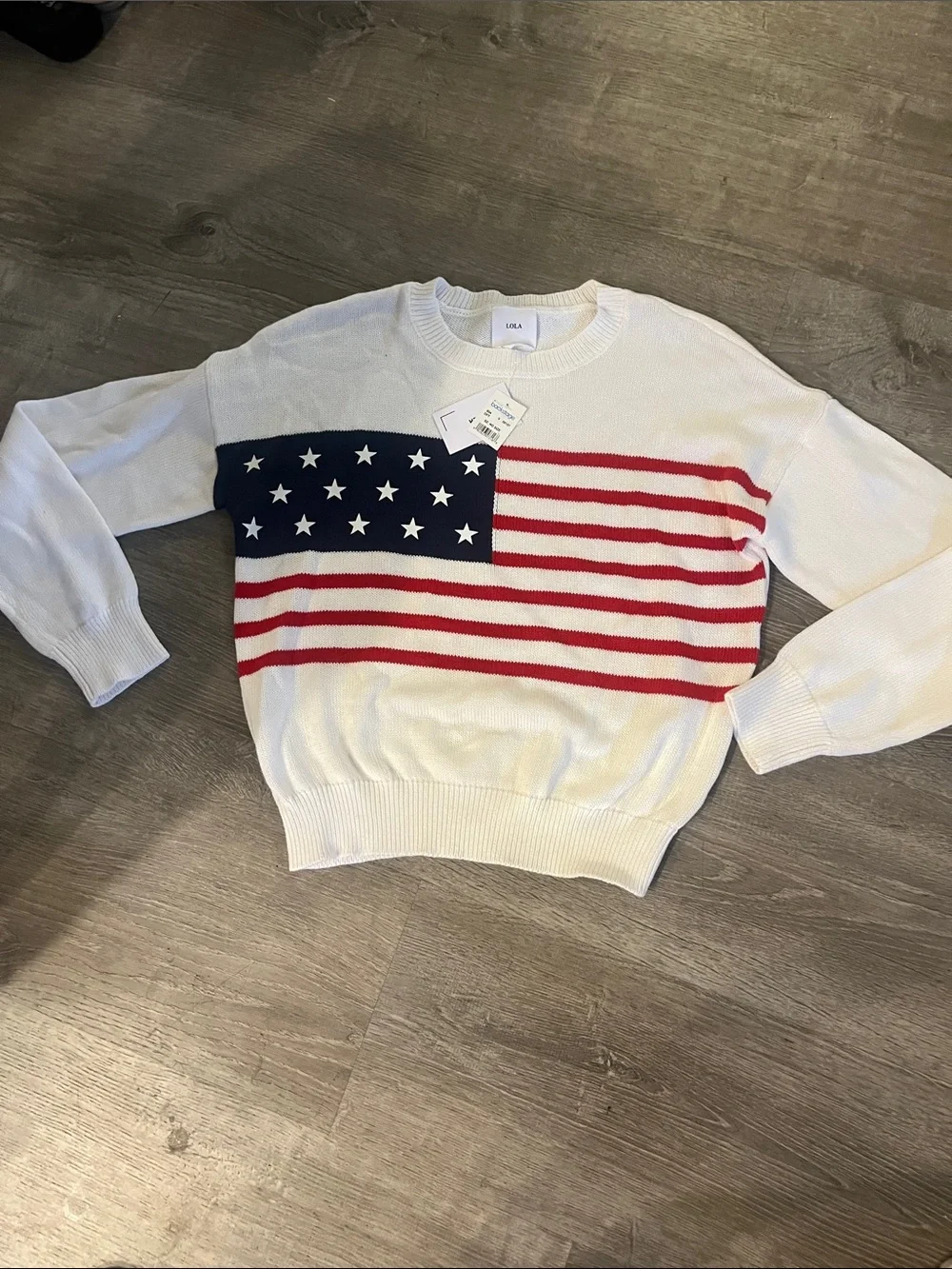 lola White Crewneck Sweater with Red Stripes and Navy Star Field - Picture 1 of 2